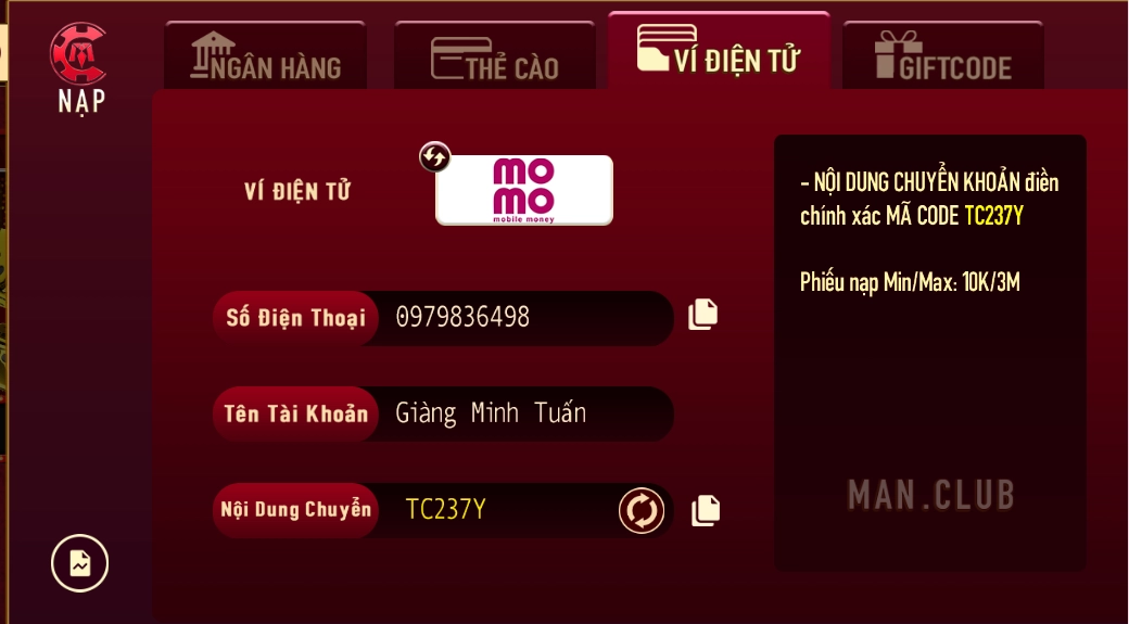 Nạp tiền Manclub qua ví điện tử